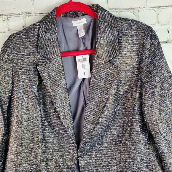 Chico’s NWT Metallic Tweed Blazer Jacket Silver Gray Size 1 Medium Career - Picture 4 of 12